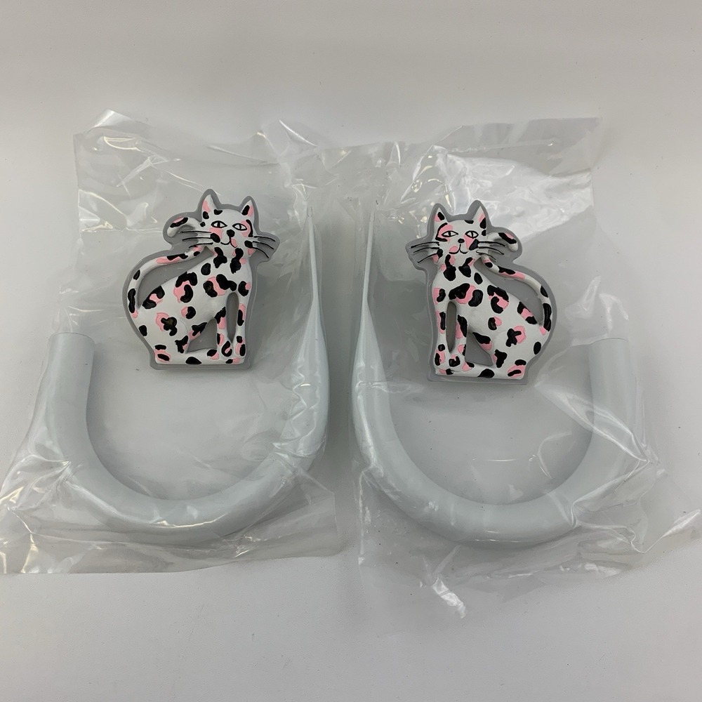Lillian Vernon Ceramic Pink Black Leopard Cats Curtain Holdbacks Wall Mount Set